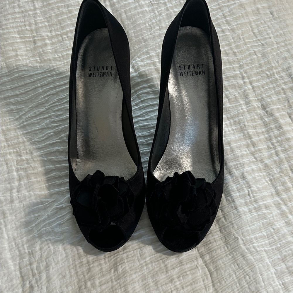 Stuart Weitzman Black Satin Peep-Toe Heels with Floral Rosette